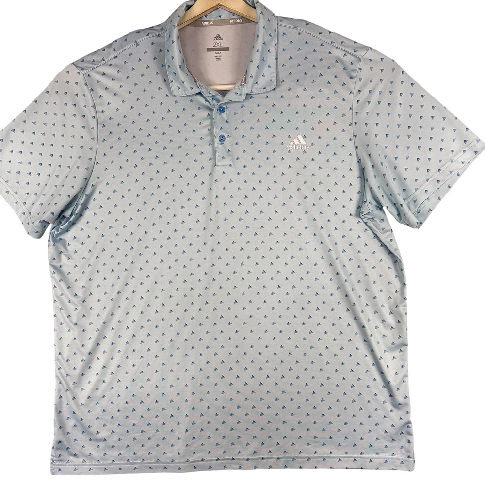 Adidas Golf Polo Shirt Mens 2XL Blue Allover Logo Print Performance Short Sleeve